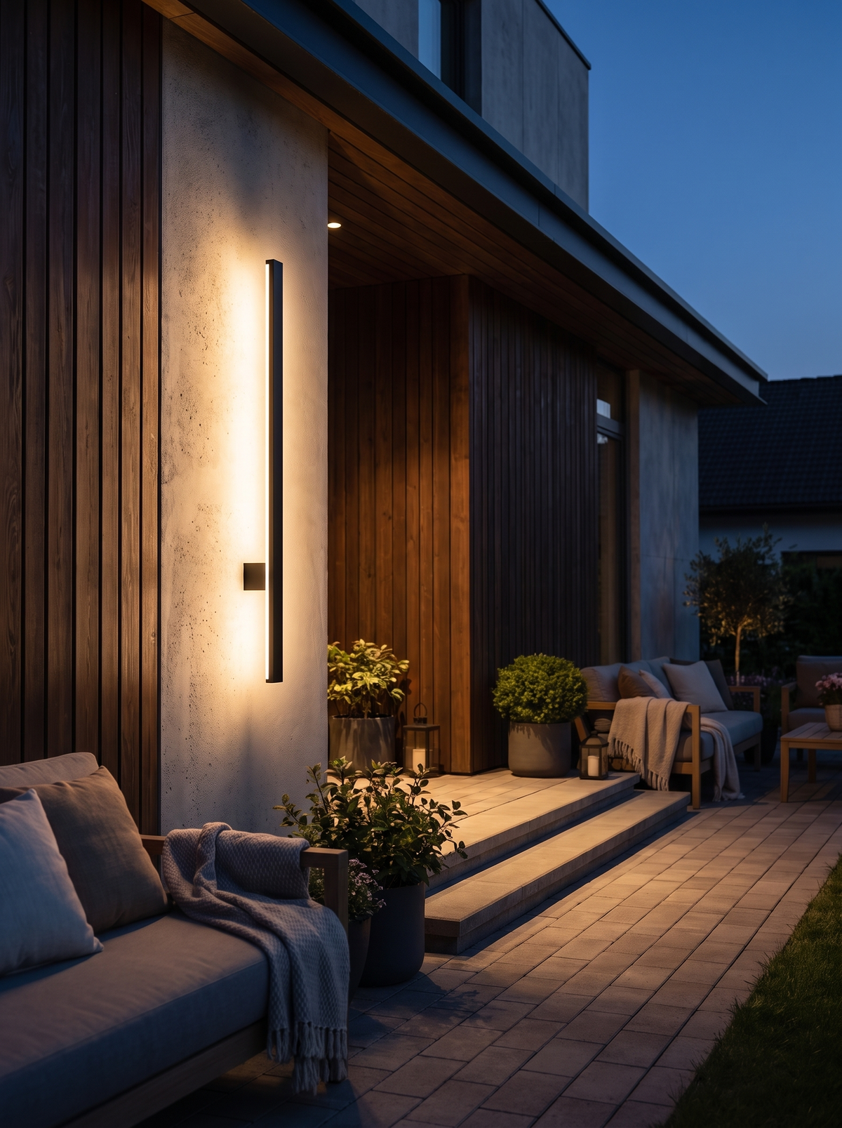 Stratos Linear Outdoor Wall Light for Facades, IP65 Build warm evening lifestyle