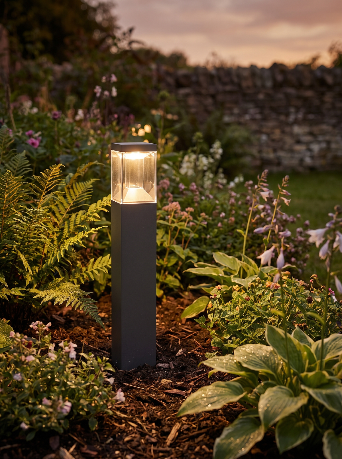 Elmsley Path Light Stake for Beds with Clear Lantern Top warm evening lifestyle