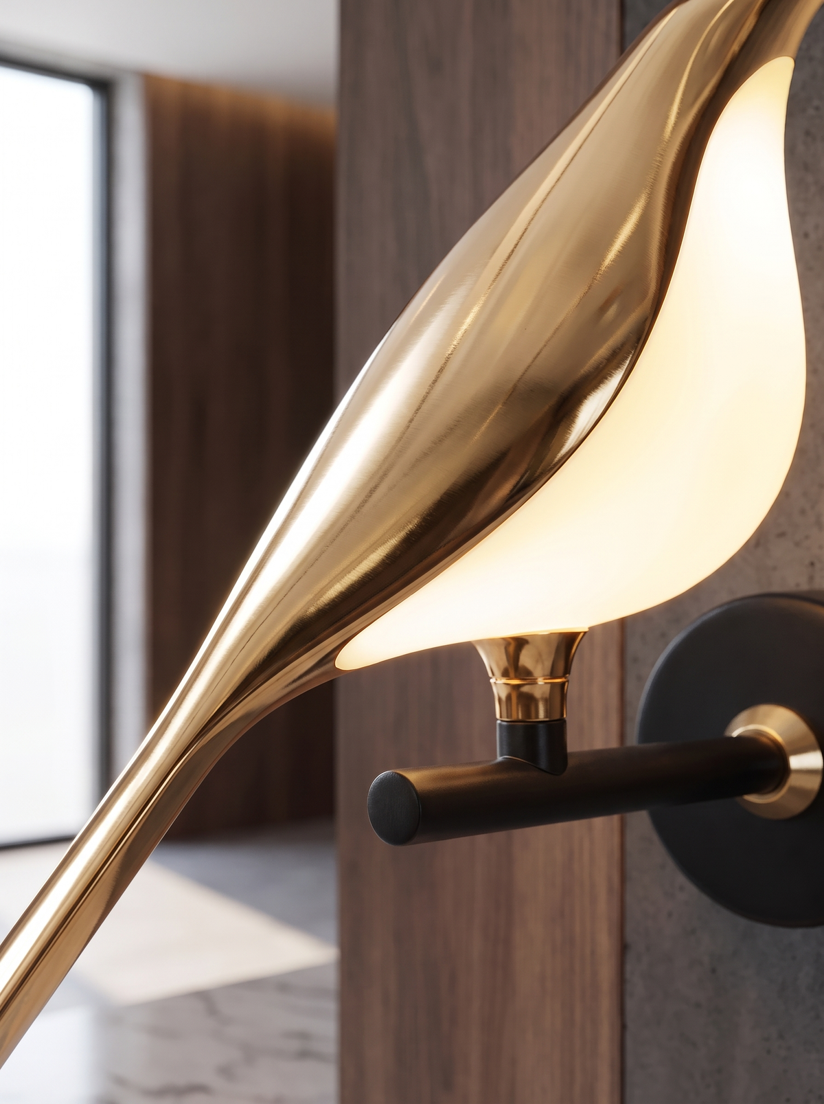 The Bird Gold Wall Light for Hallways with Perched Poetry material close up detail