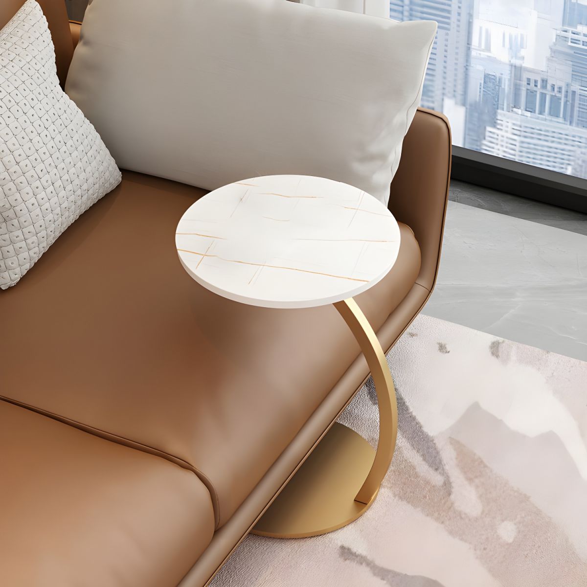 Quinn Sculpted Stone Side Table for Sofas with C-Shape Base