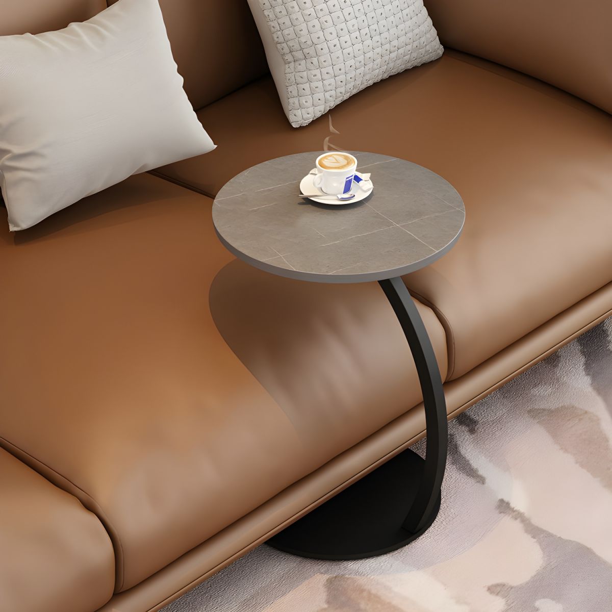 Quinn Sculpted Stone Side Table for Sofas with C-Shape Base