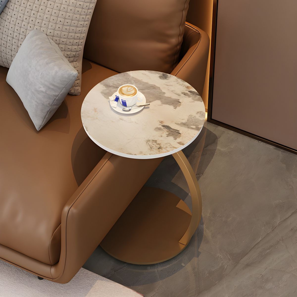 Quinn Sculpted Stone Side Table for Sofas with C-Shape Base