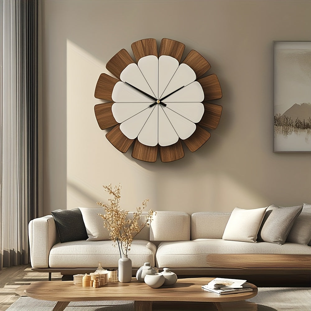 Wooden Petal Wall Clock with Two-Tone Flower Design