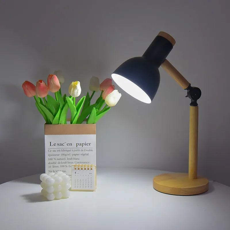 Nordic Wooden Desk Lamp with Adjustable Metal Shade