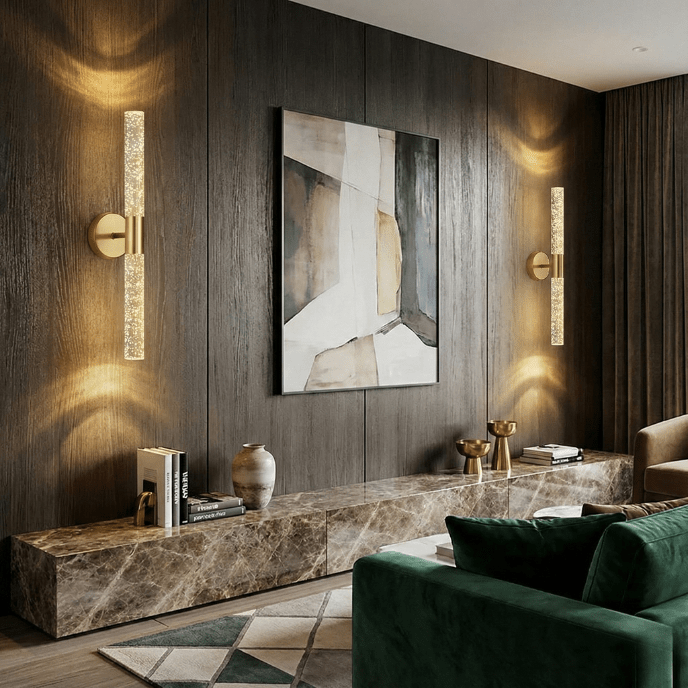Bubble crystal rod wall sconces either side of artwork in a modern living room