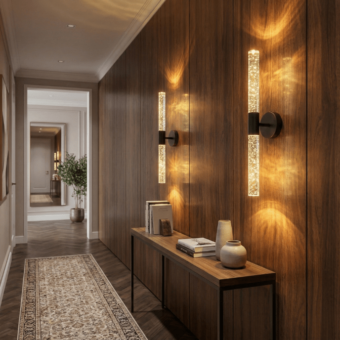 Crystal rod wall sconces lighting a panelled hallway with warm white LED