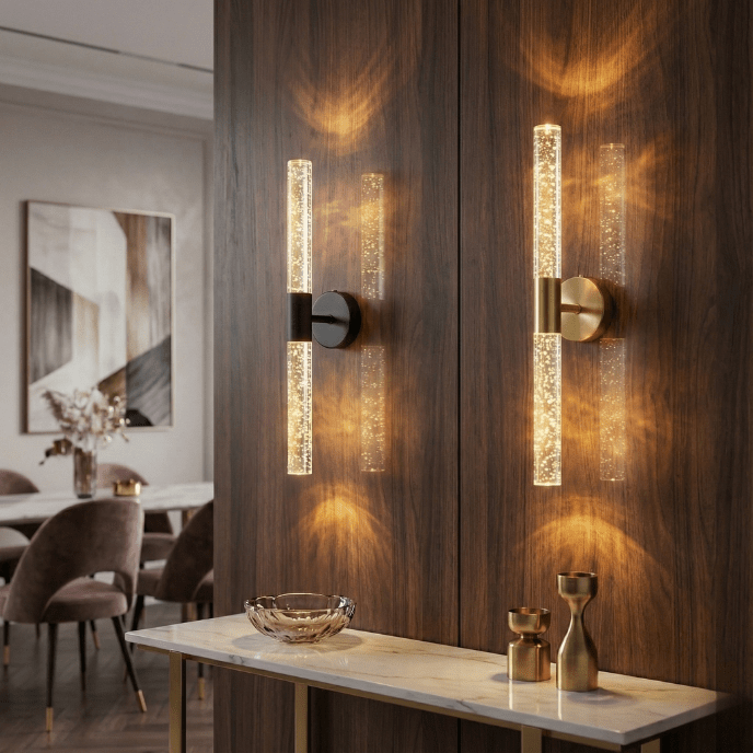Black and gold crystal rod wall sconces above a dining room console table