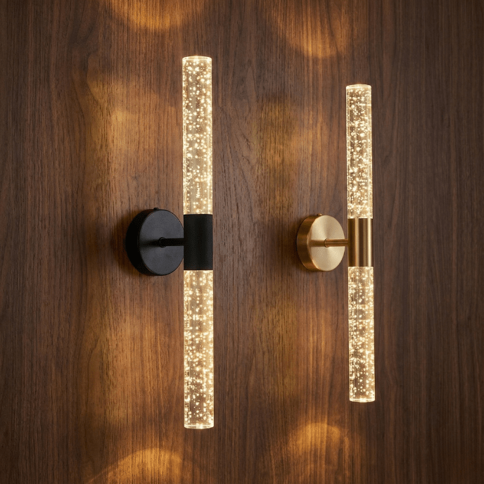 Black and gold bubble crystal rod wall sconces on a walnut wall, warm white LED