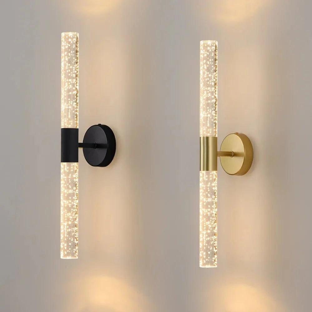 Black and gold bubble crystal rod wall sconces side by side, warm white LED
