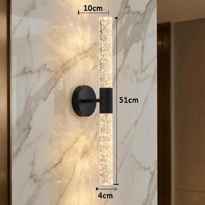 Crystal rod wall sconce dimensions, 51 cm tall, 10 cm wide, 4 cm projection