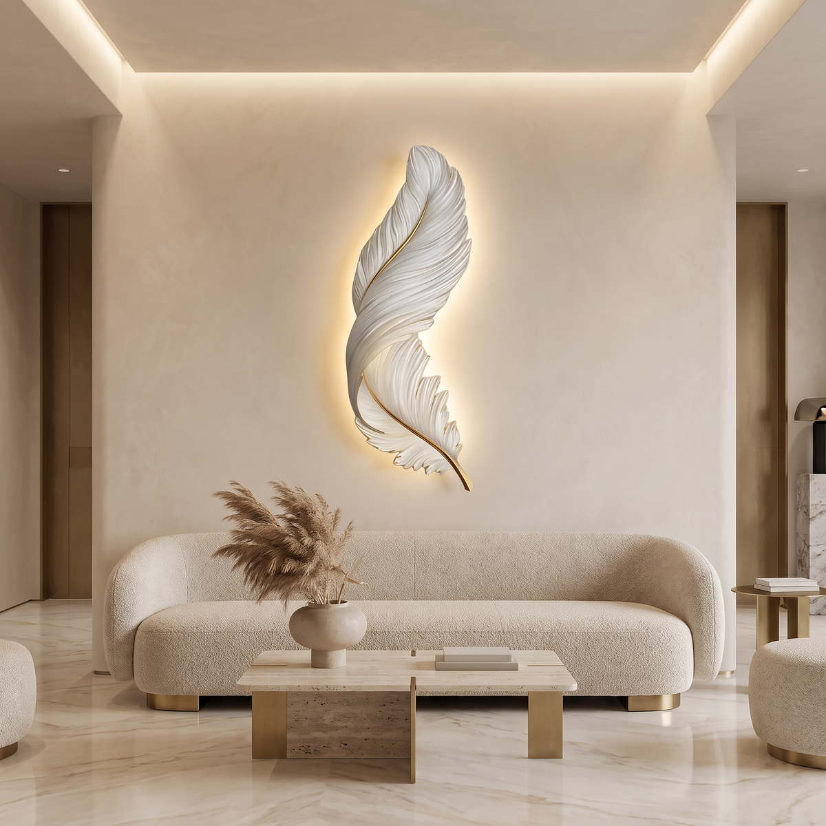 A modern feather-shaped wall light with a white textured feather design and warm yellow backlighting, mounted on a beige wall above a cream-colored sofa in a contemporary living room.