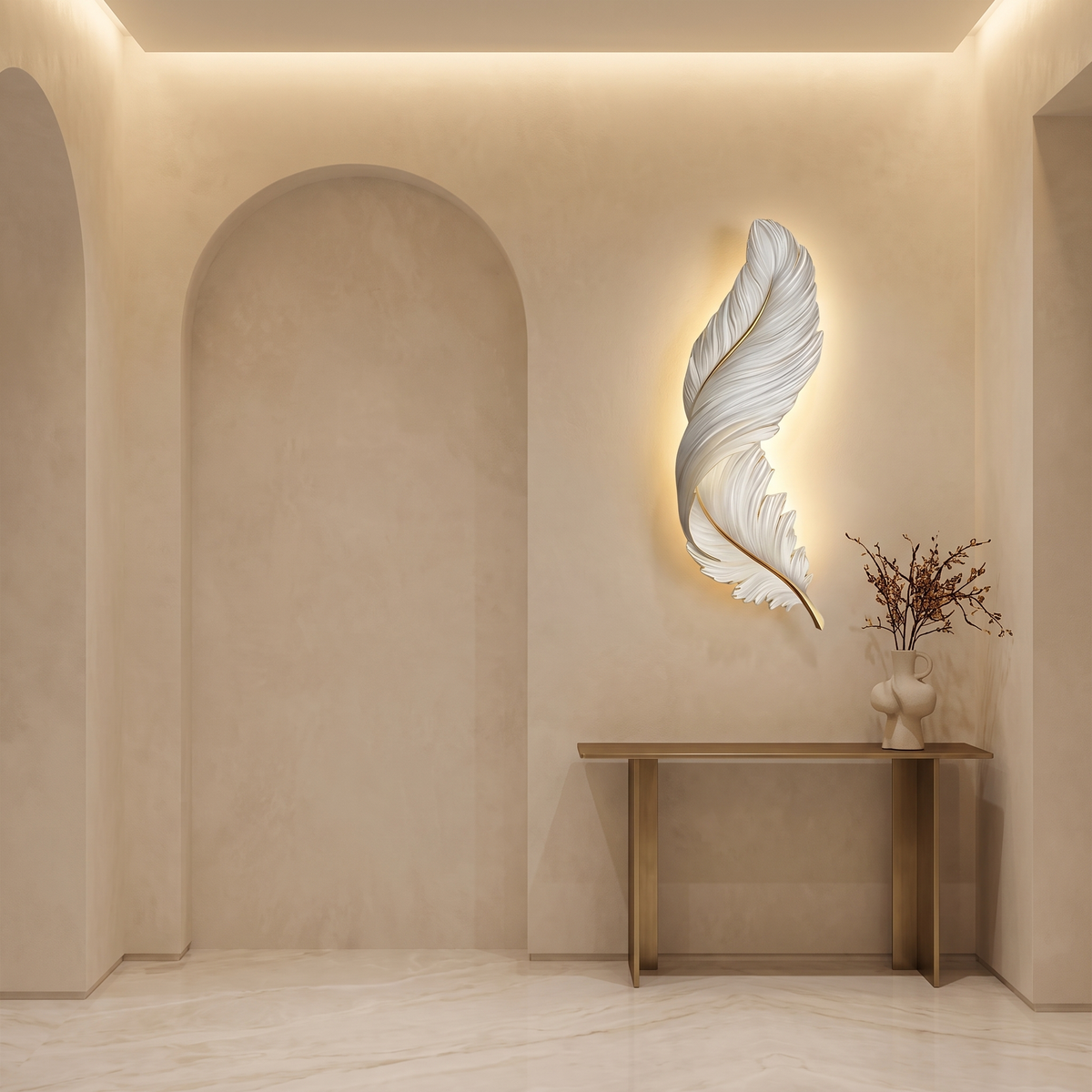 A modern white feather wall sconce with warm backlighting, mounted on a beige plaster wall above a minimalist console table with a vase of branches.