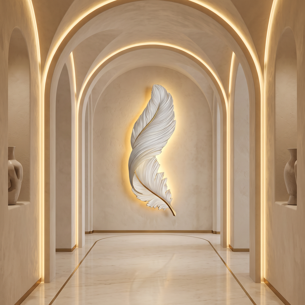 A large white feather wall sculpture with warm yellow backlighting, mounted on the back wall of a modern beige hallway with arched ceilings and recessed shelves.