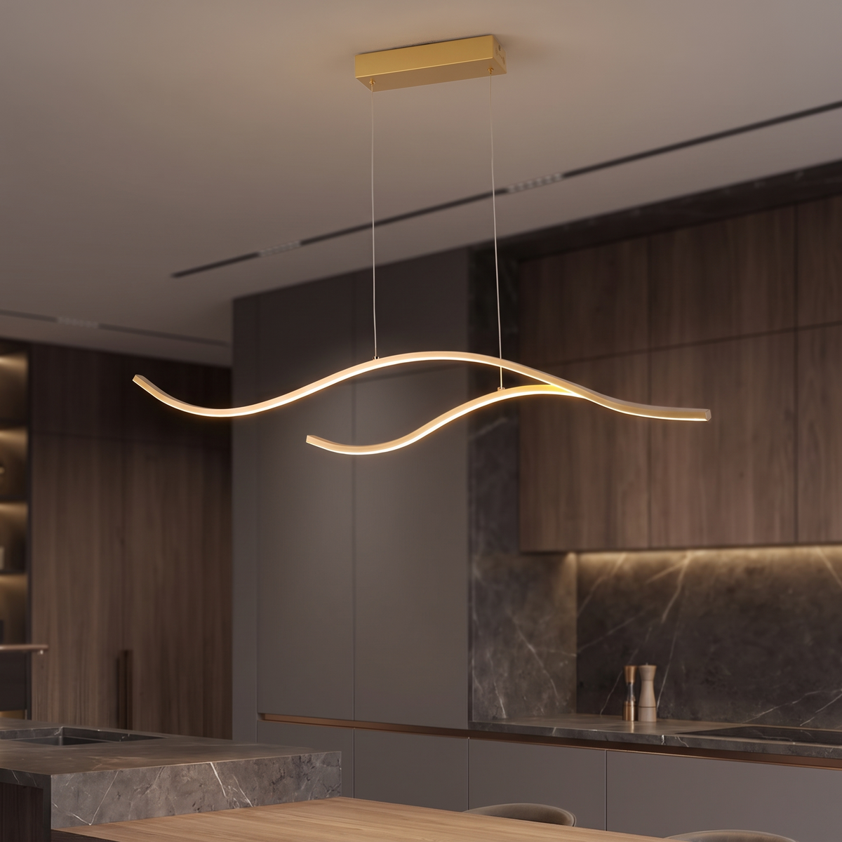 hf-veyra-1 Gold 39in curved LED pendant, luxury modern interior