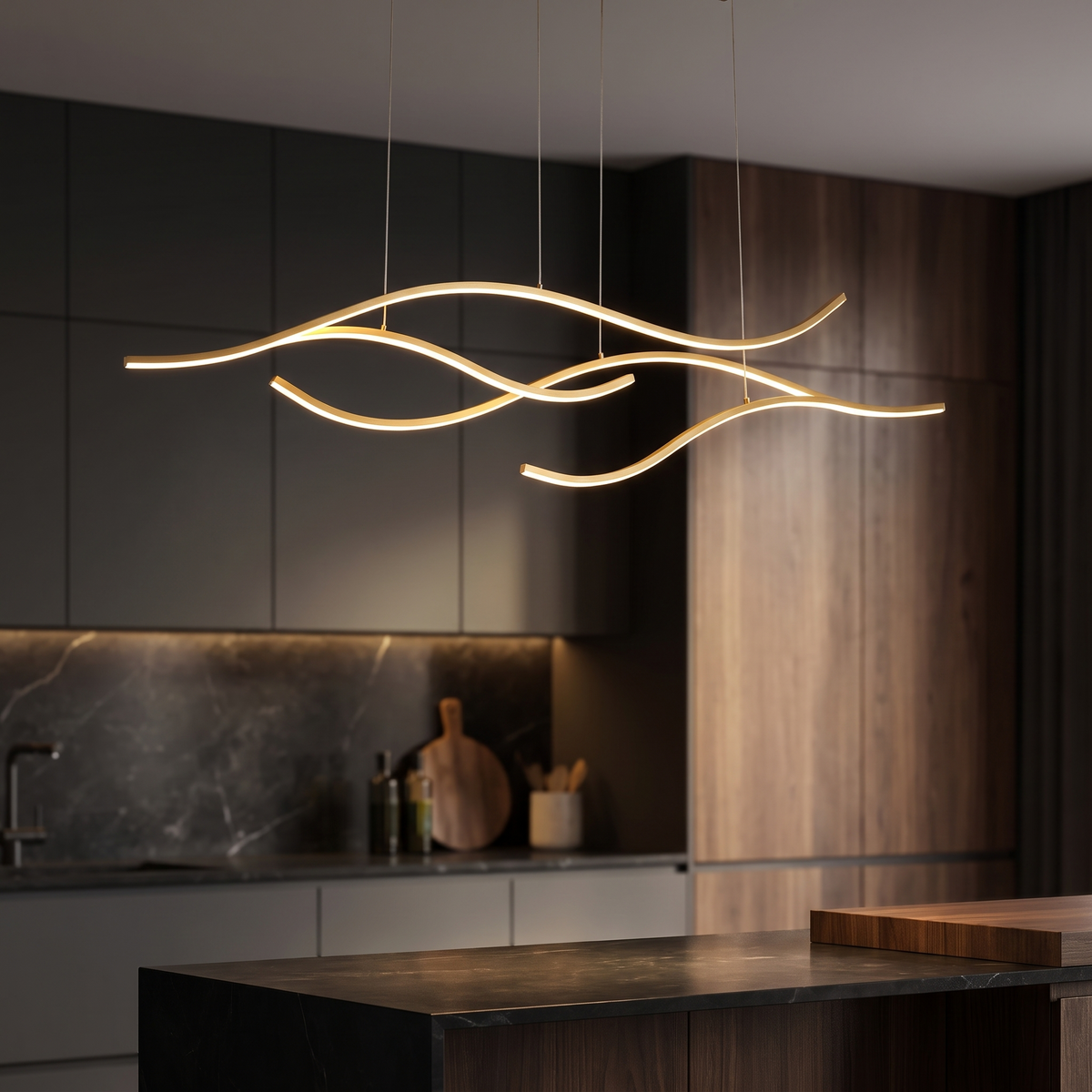 hf-veyra-7 Gold 47in dimmable curved LED pendant, luxury modern interior