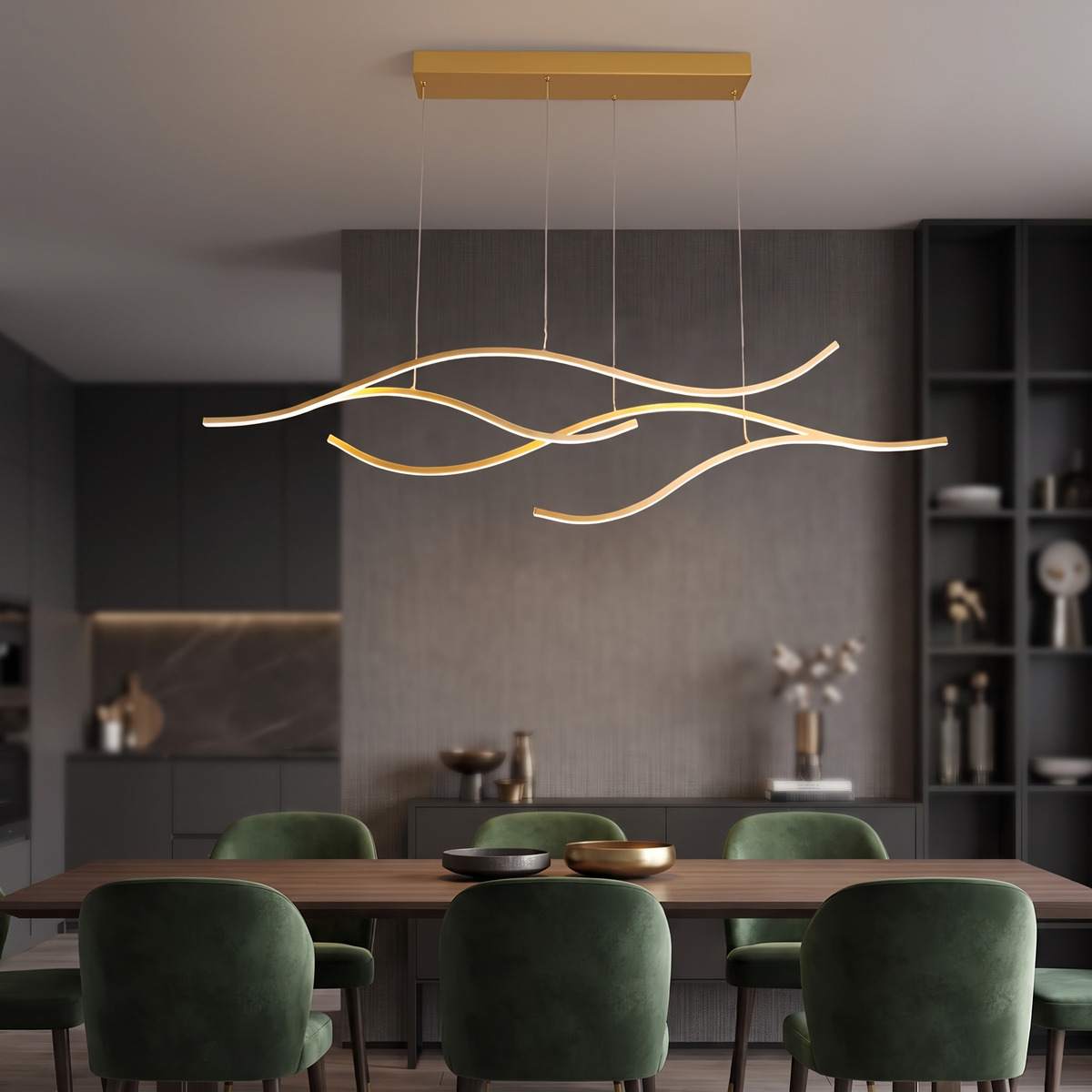 hf-veyra-4 Gold 47in curved LED pendant, luxury modern interior