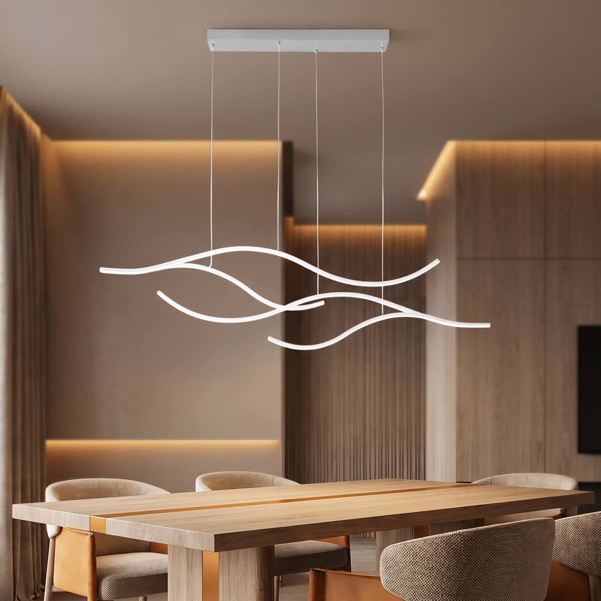 hf-veyra-5 Chrome 47in warm white curved LED pendant, luxury modern interior
