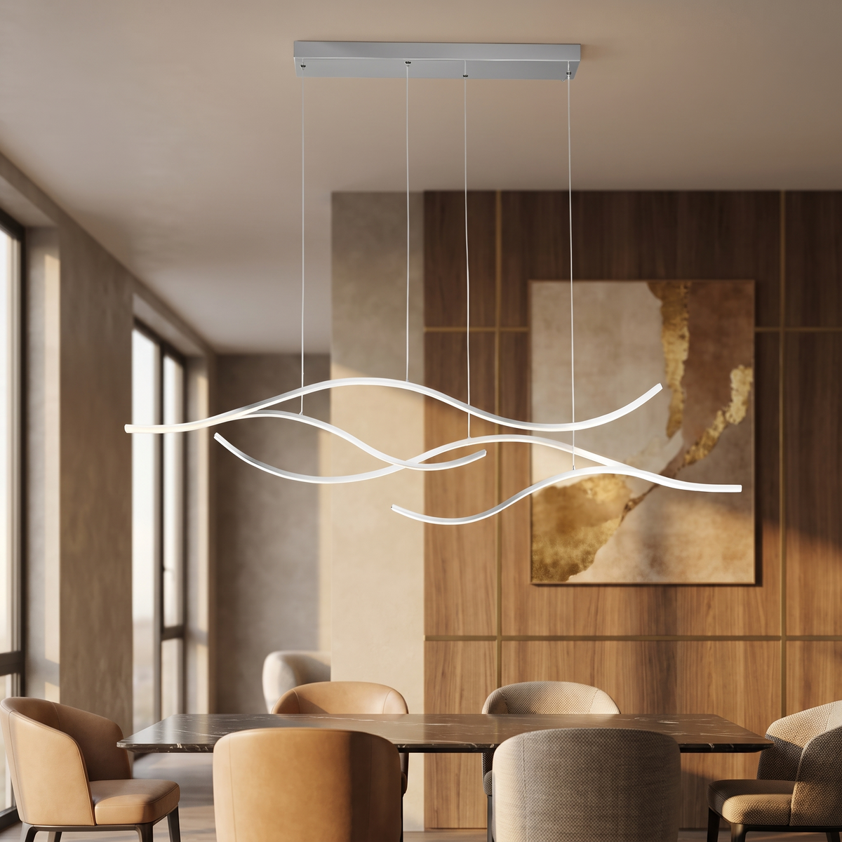 hf-veyra-6 Chrome 47in white curved LED pendant, luxury modern interior