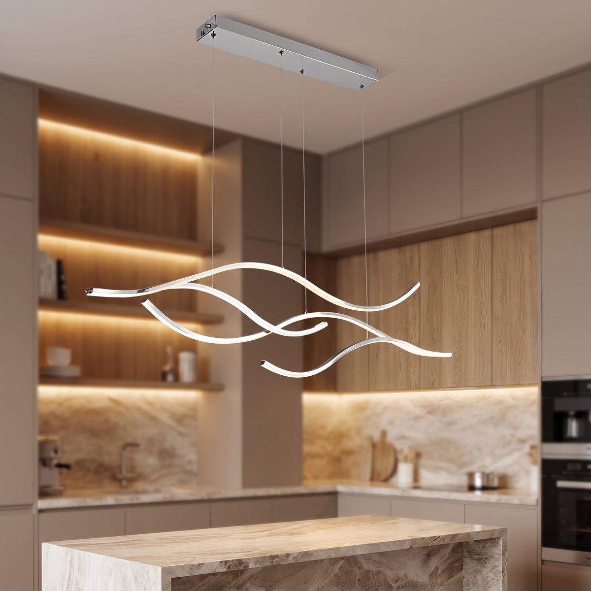hf-veyra-8 Chrome 47in dimmable curved LED pendant, luxury modern interior