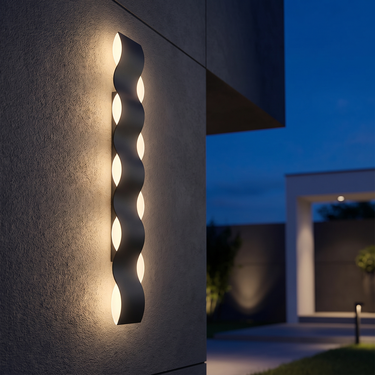 hf-fix-290 Riva Wave Outdoor Wall Lamp, night time facade