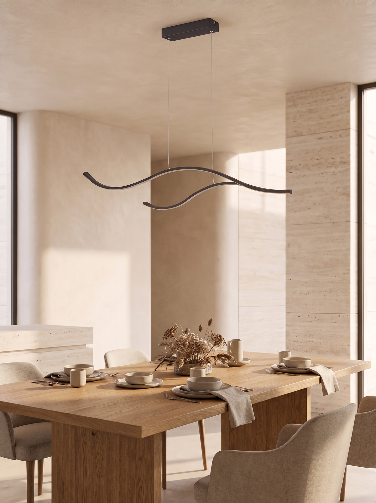 Veyra Curved LED Pendant for Dining Rooms with Wavy Glow daylight scale