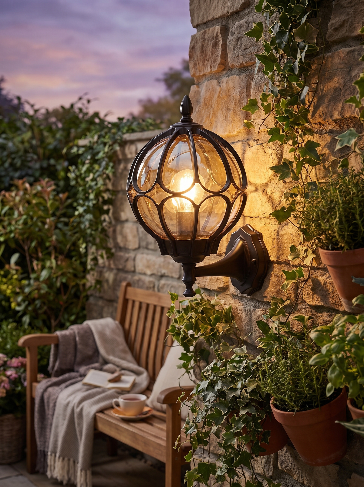 Harrow Globe Pillar Light for Garden Walls with Retro Charm warm evening lifestyle