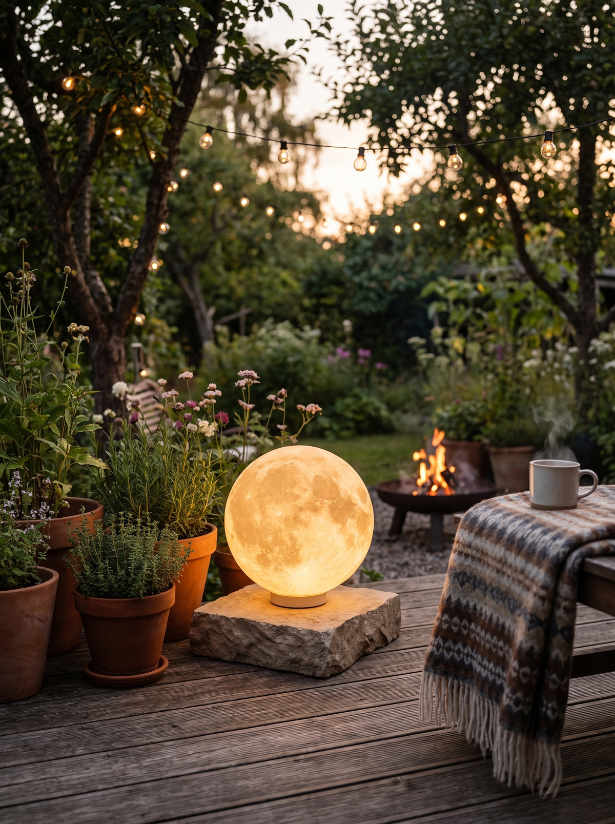 Lunara Moon Pillar Light for Gardens with Solar Glow warm evening lifestyle