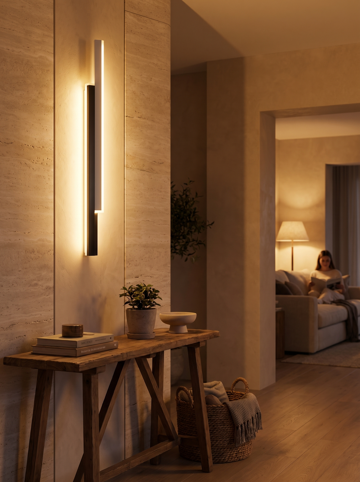 Vertis Vertical Wall Light for Halls with Dual LED Strips warm evening lifestyle
