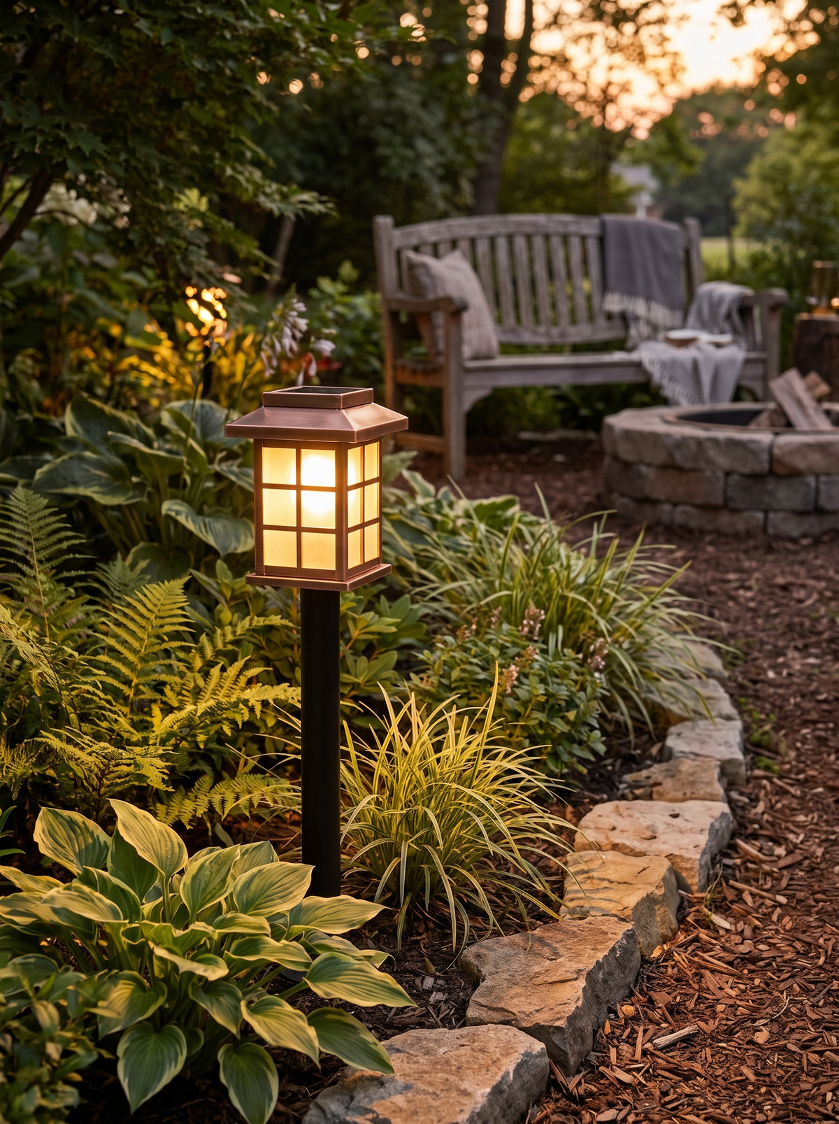 Ambra Solar Path Light for Borders with Copper Warmth warm evening lifestyle