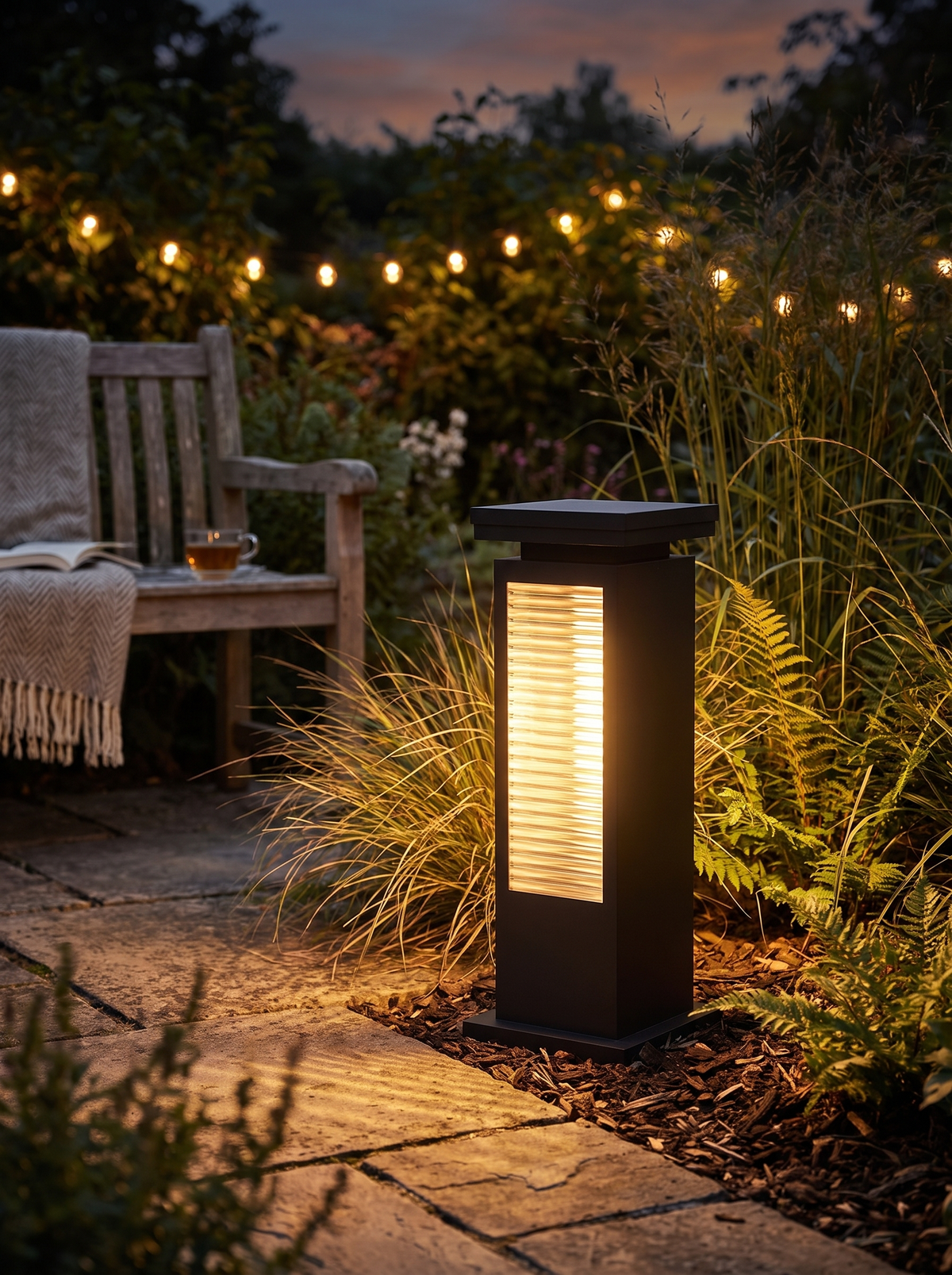 Fenwick Lawn Bollard Light for Gardens with Solar Choice warm evening lifestyle