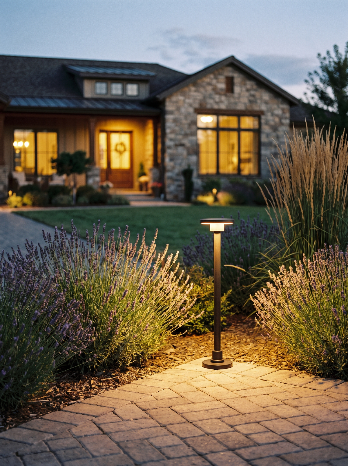 Ashford Bollard Path Light for Driveways with Spike Option warm evening lifestyle