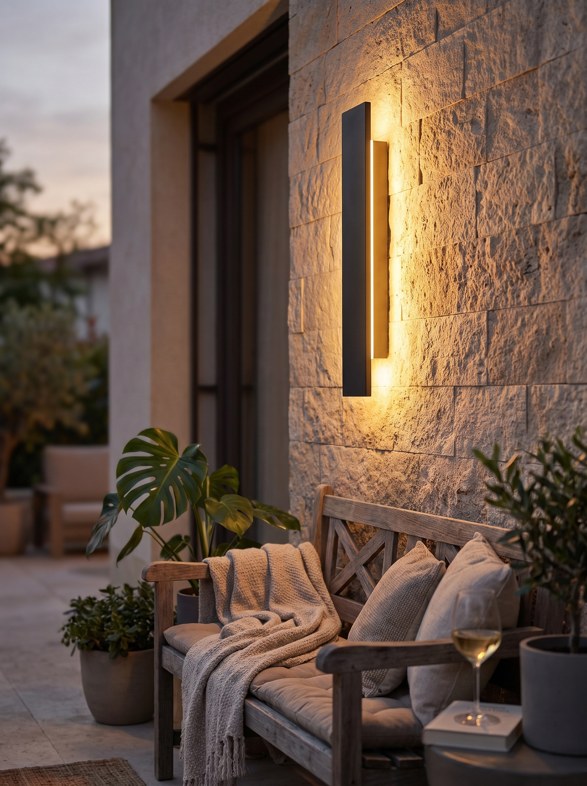 Calder Linear Outdoor Wall Light for Patios with Even Wash warm evening lifestyle