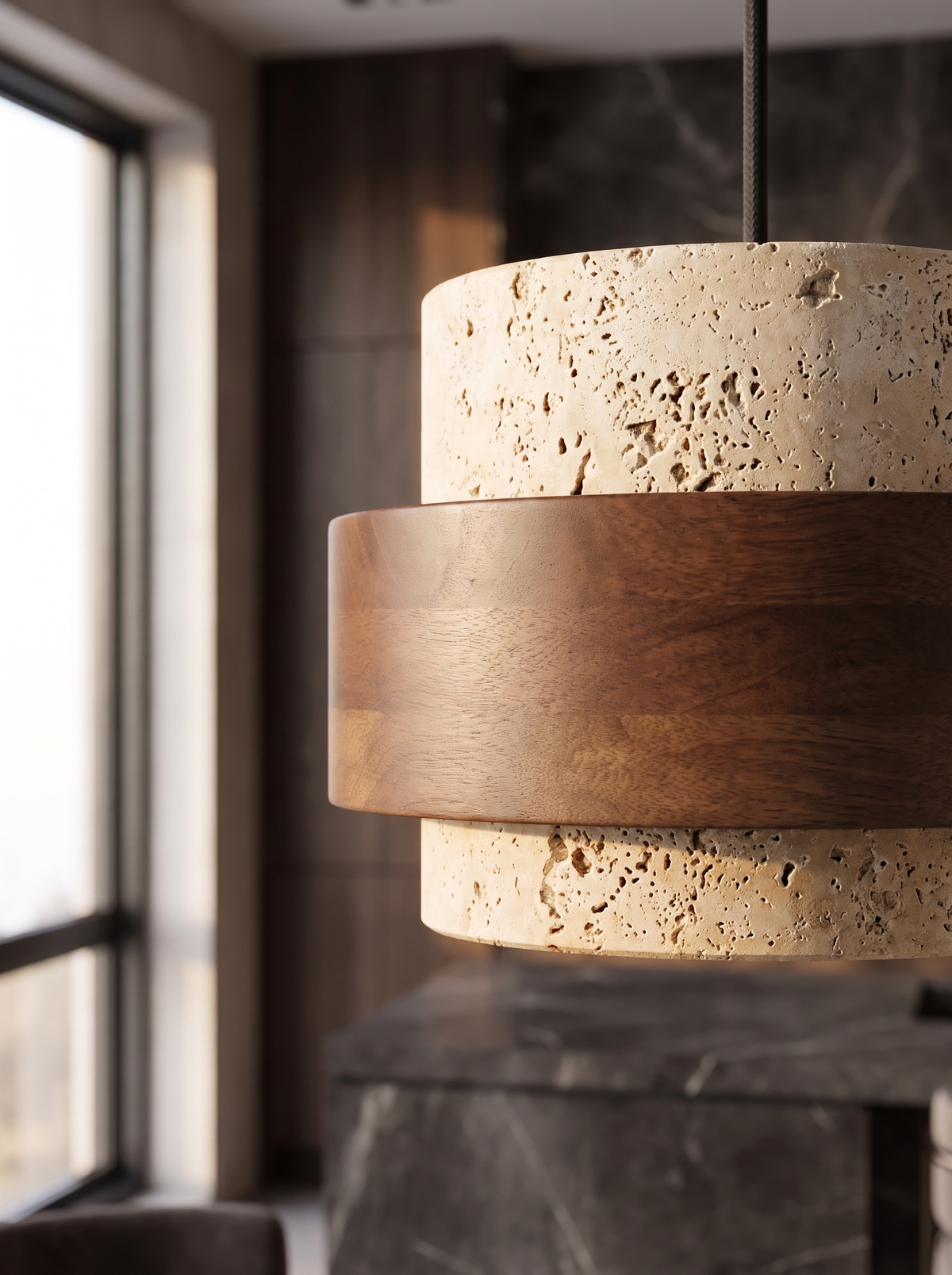 Perra Travertine Pendant for Dining with Stone Softness material close up detail