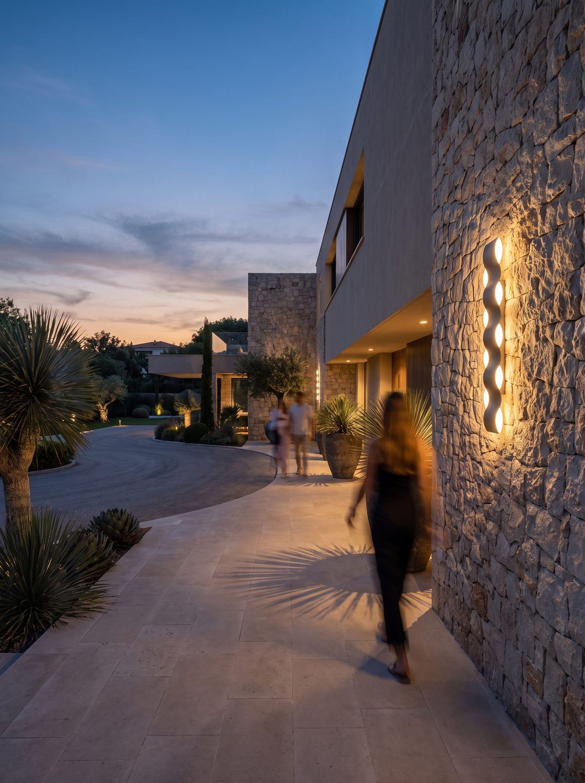 Riva Wave Outdoor Wall Lamp for Facades with Rhythmic Curve warm evening lifestyle