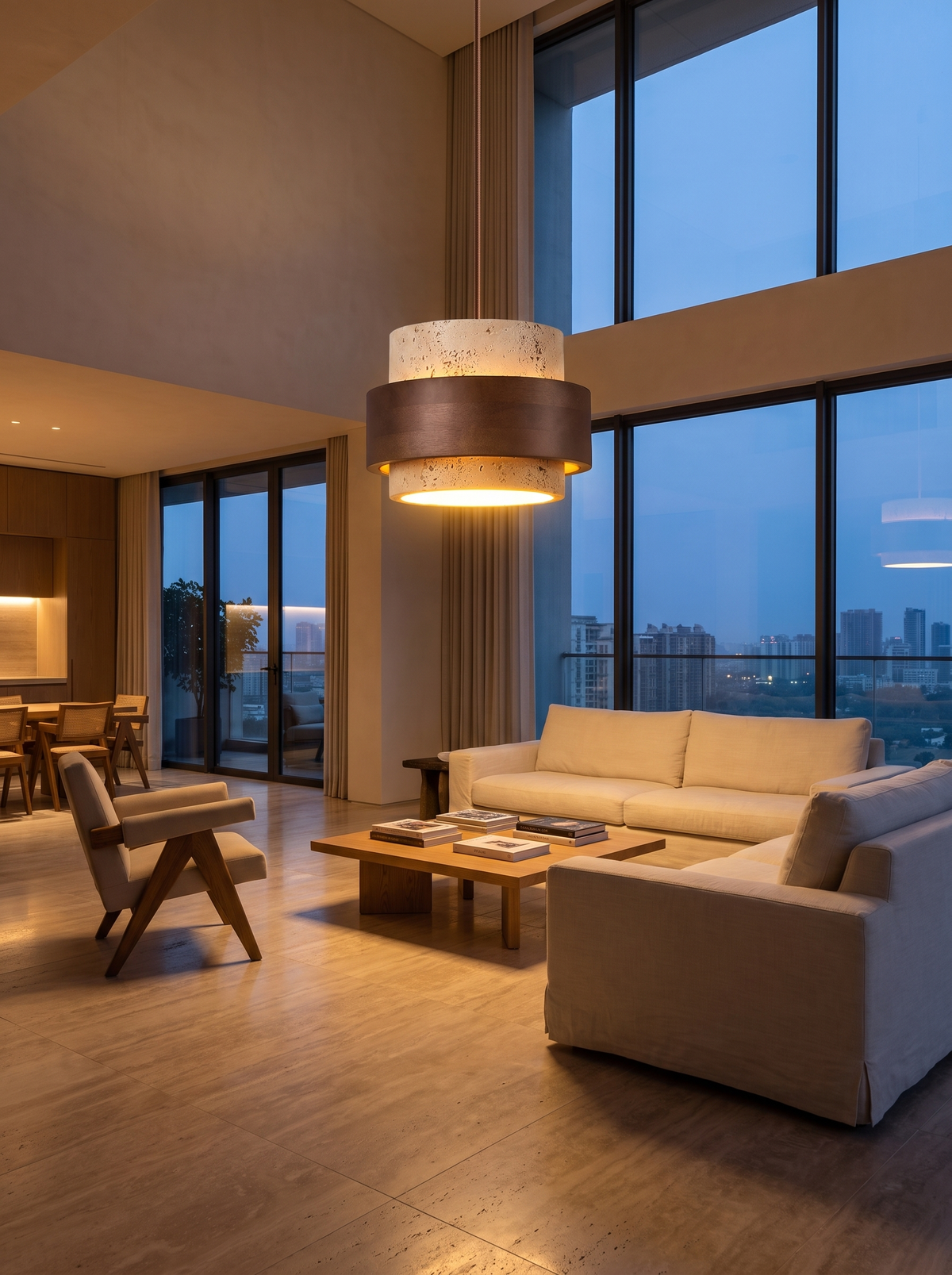 Perra Travertine Pendant for Dining with Stone Softness warm evening lifestyle