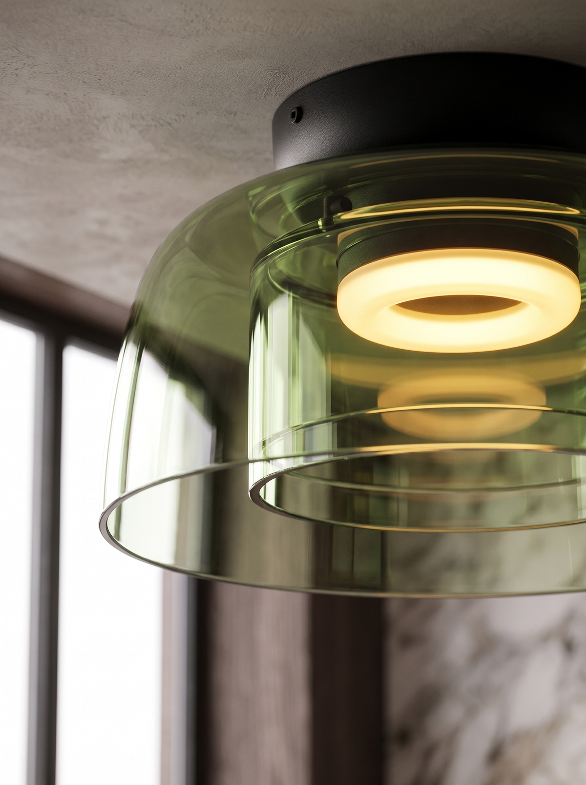 Levels Glass Ceiling Lamp for Bedrooms with Layered Halo material close up detail