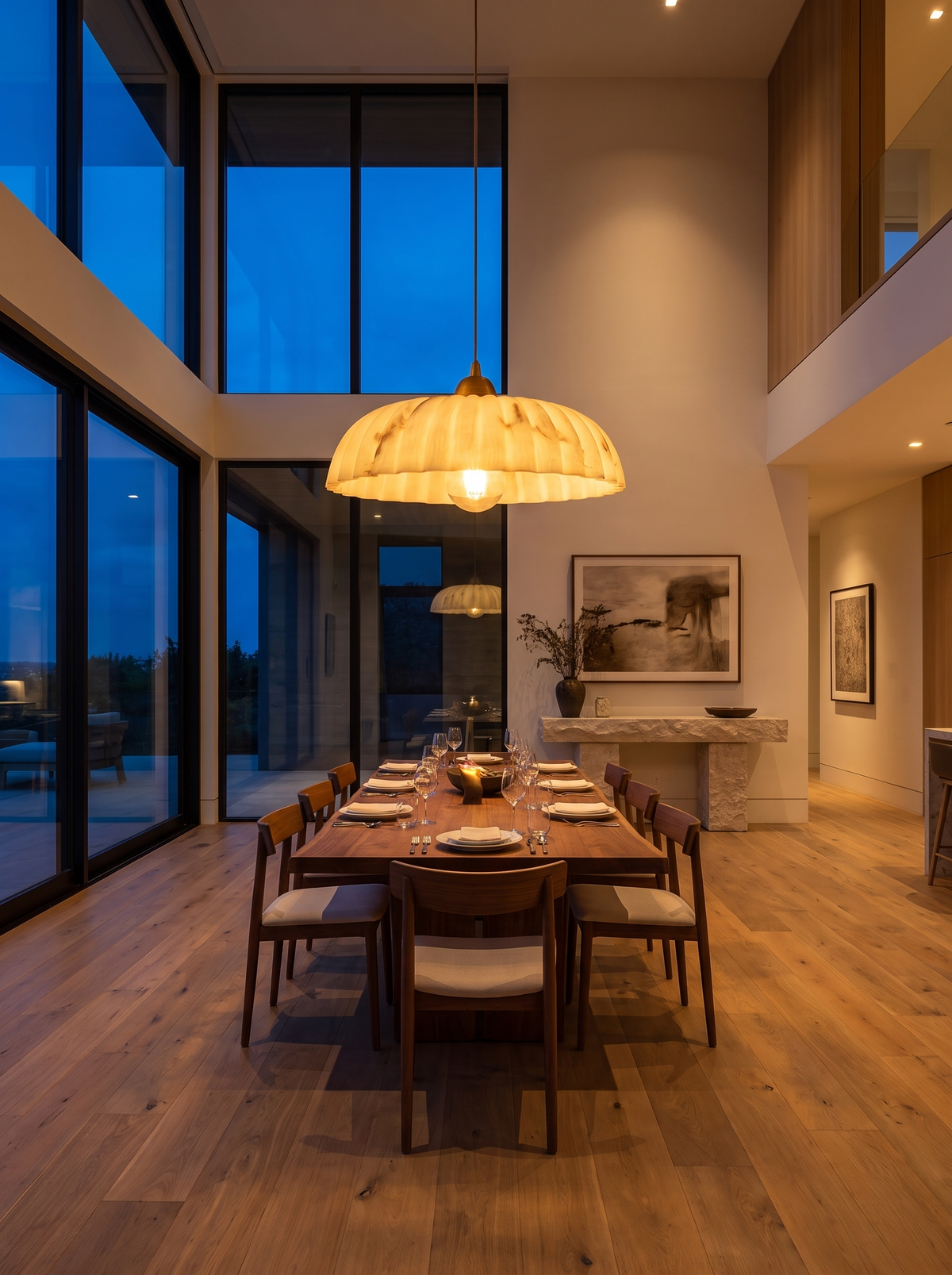 Orielle Alabaster-Look Pendant for Dining with Golden Poise warm evening lifestyle