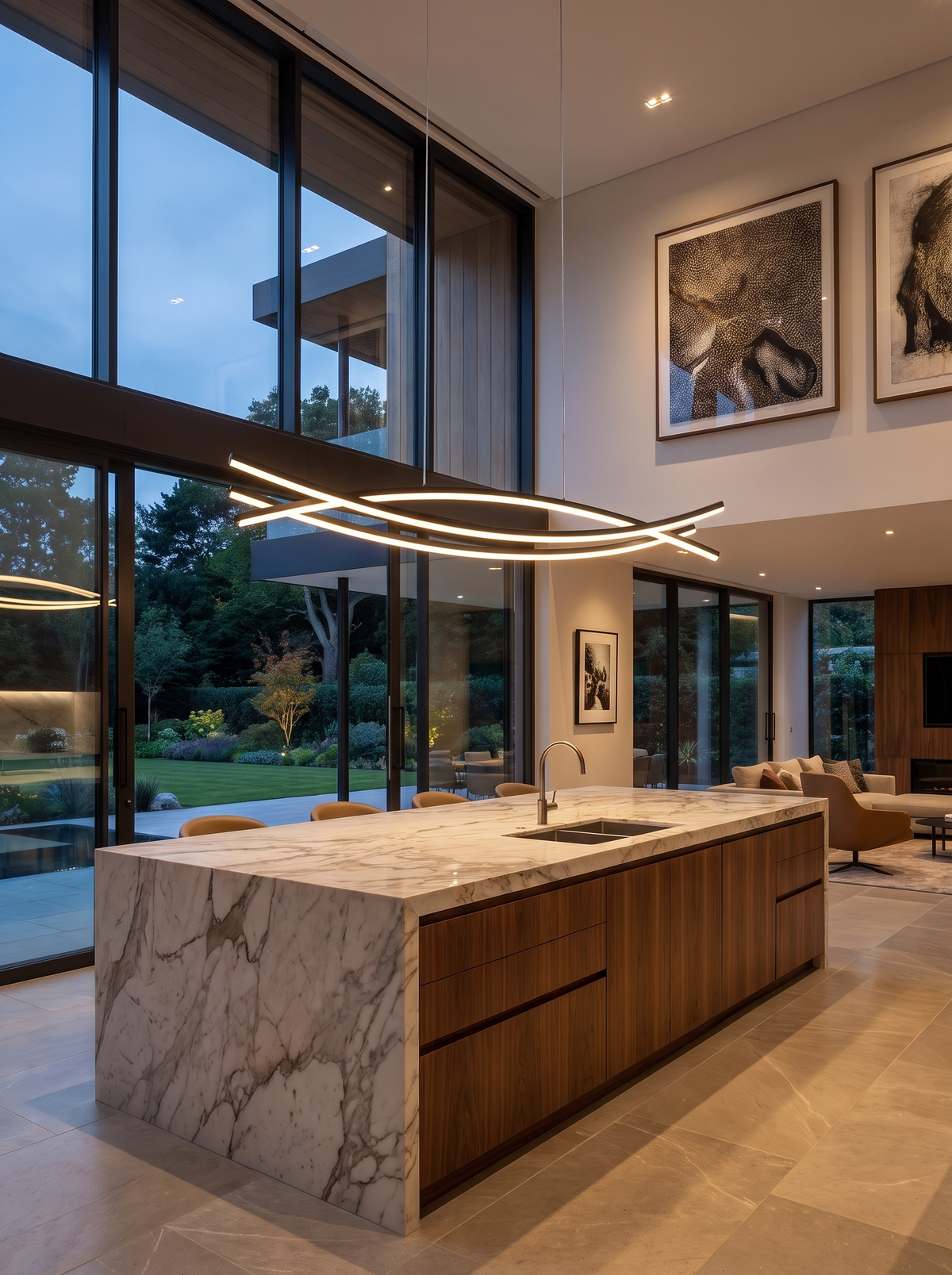 Ondra Wave Hanging Light for Kitchen Islands, Dual Dimming warm evening lifestyle v2