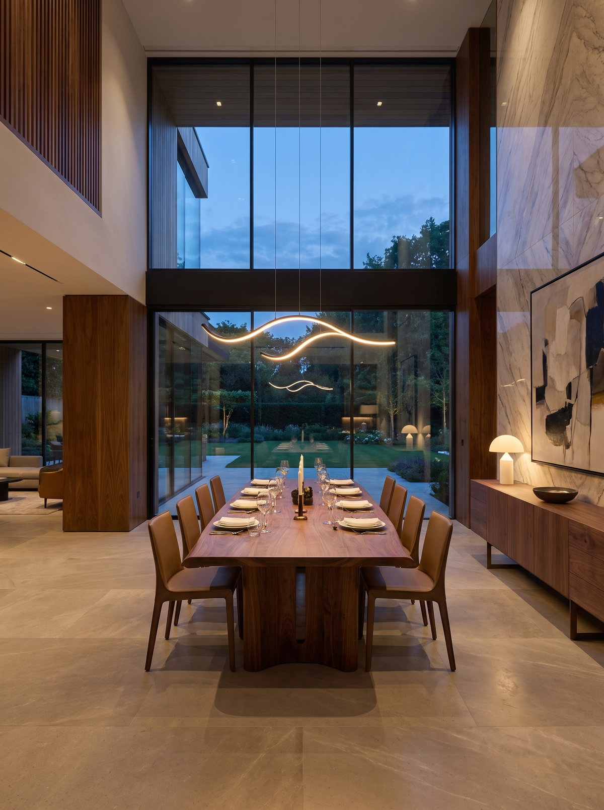 Veyra Curved LED Pendant for Dining Rooms with Wavy Glow warm evening lifestyle v2