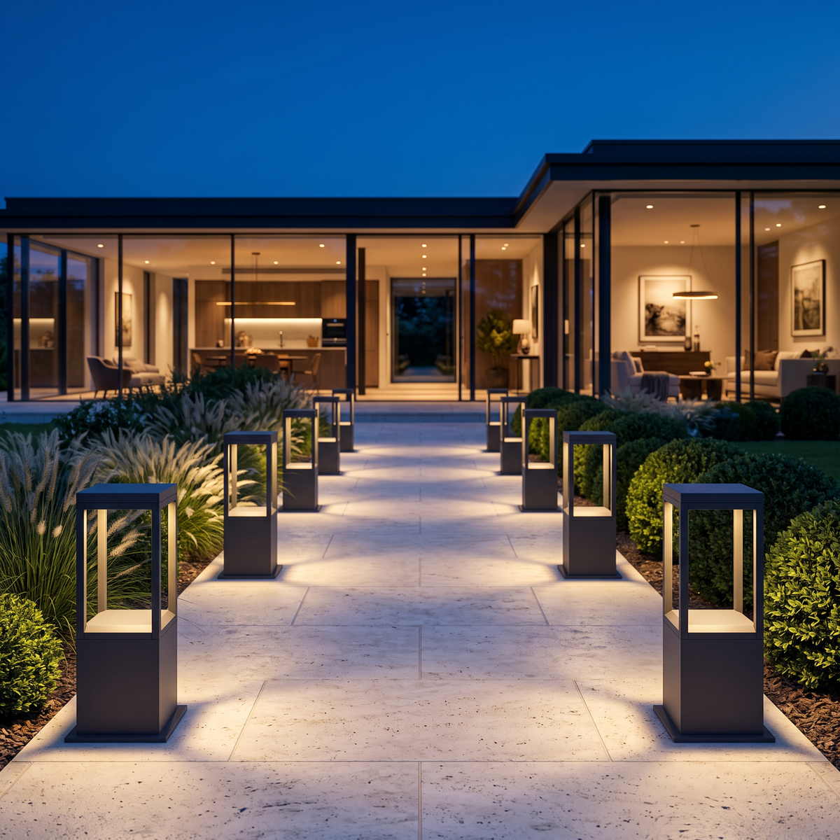 Stanton square bollard lights lining a limestone path at a modern luxury villa