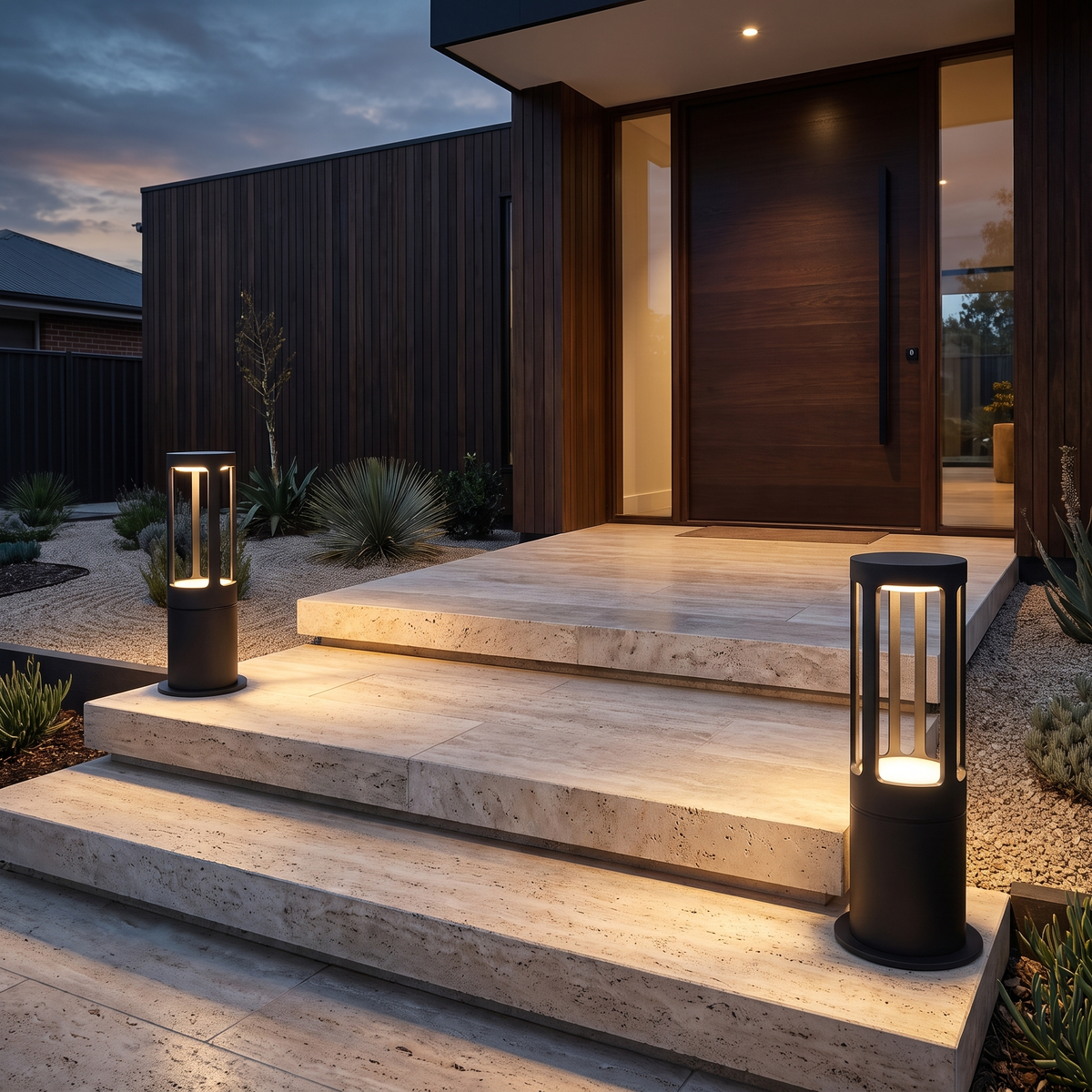 Stanton round bollard lights flanking travertine entrance steps at dusk