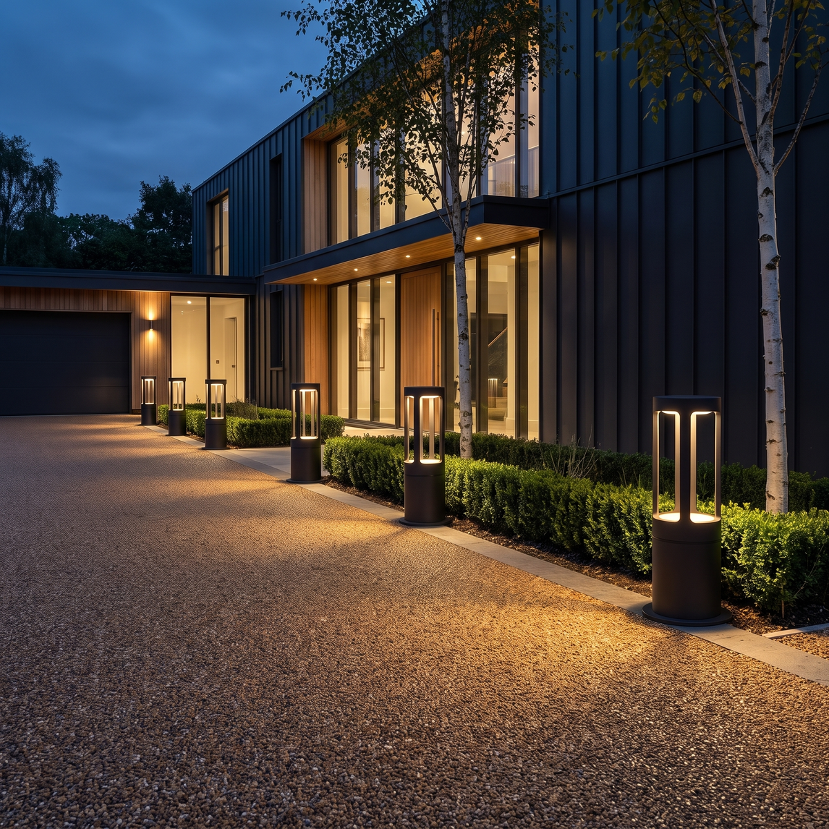 Stanton bollard lights along a gravel driveway at twilight