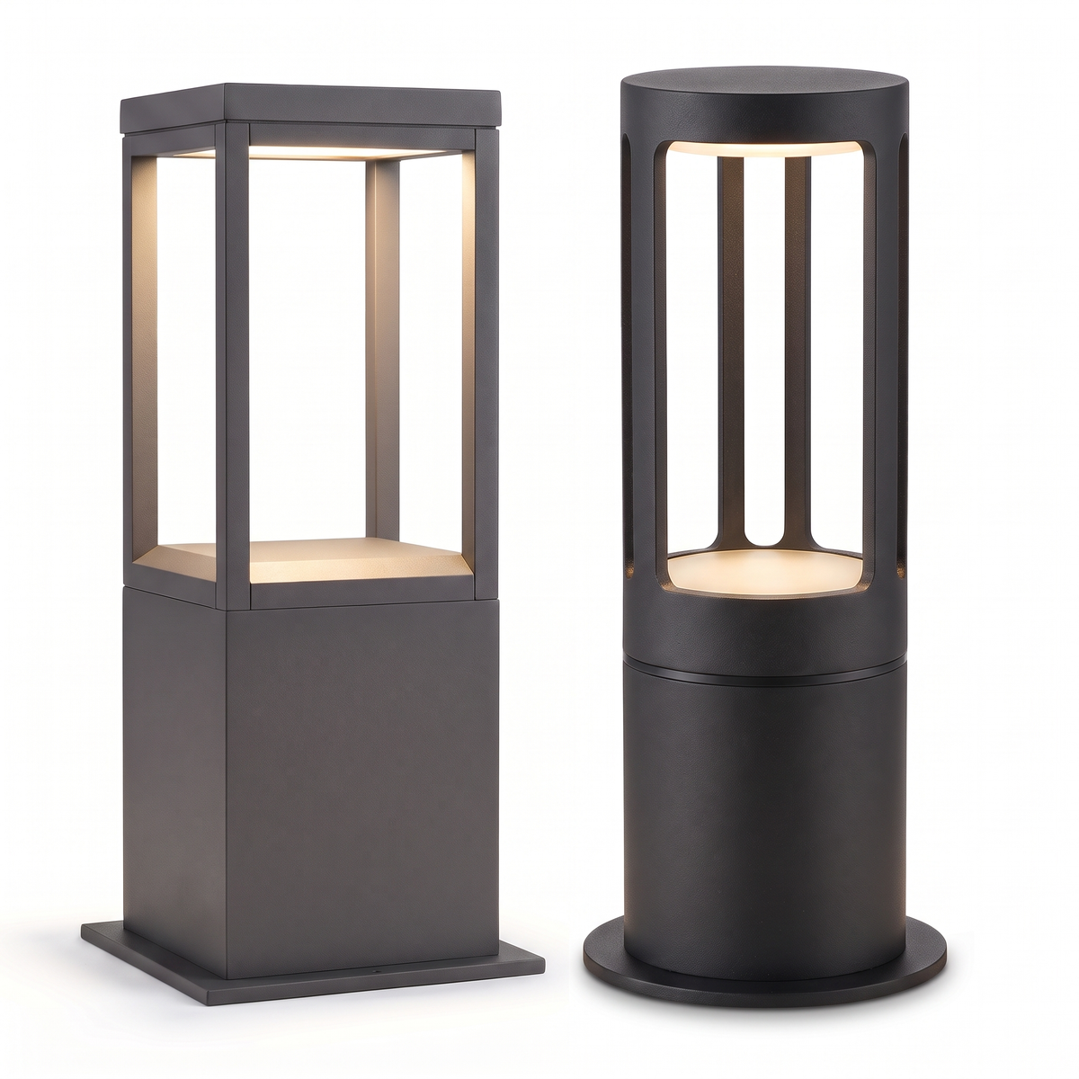 Stanton LED bollard path light, round and square heads shown side by side on white