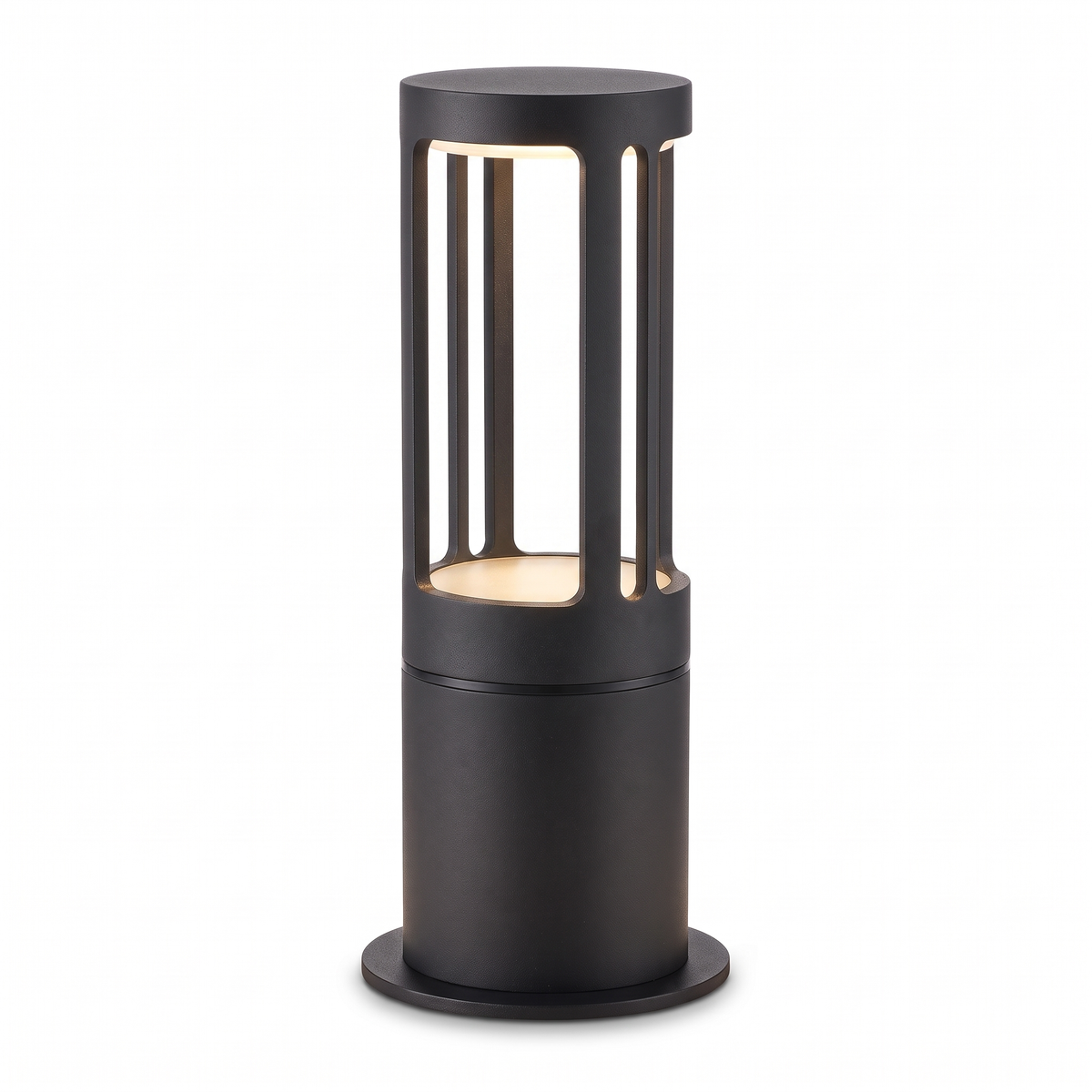 Stanton round LED bollard path light in matte black on a white background