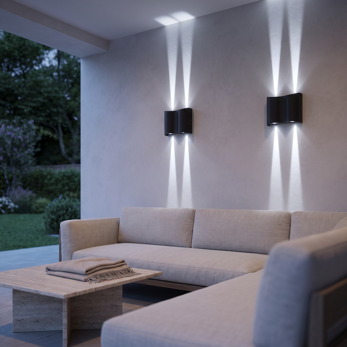 Wavemere 4 Light cool white, on a covered terrace above outdoor seating