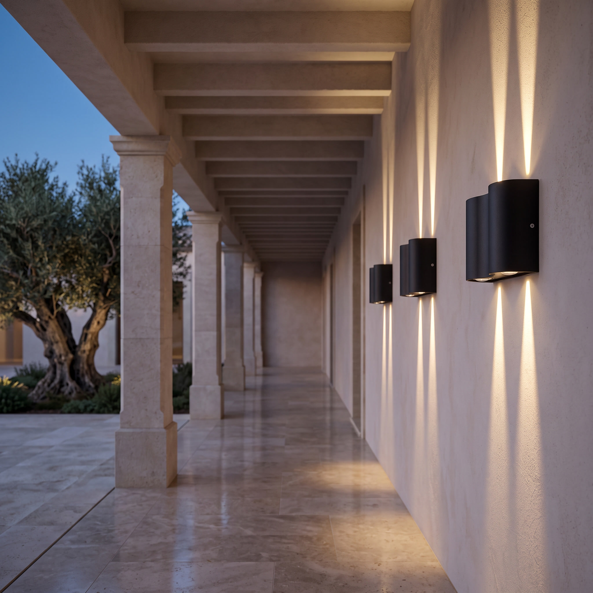 Wavemere 4 Light warm white, a row along a covered loggia walkway