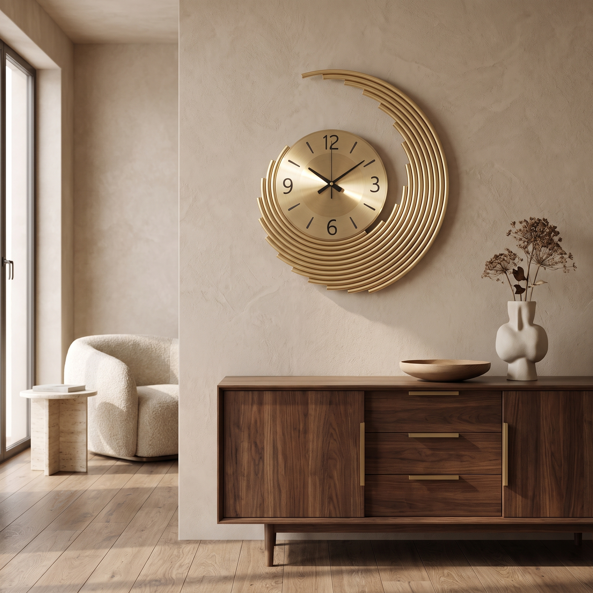 Modern 3D Metal Crescent Wall Clock 46 cm in a luxury interior