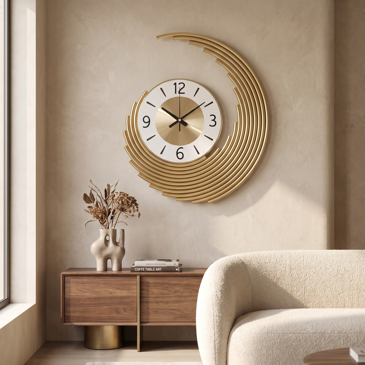 Modern 3D Metal Crescent Wall Clock 58 cm in a luxury living room
