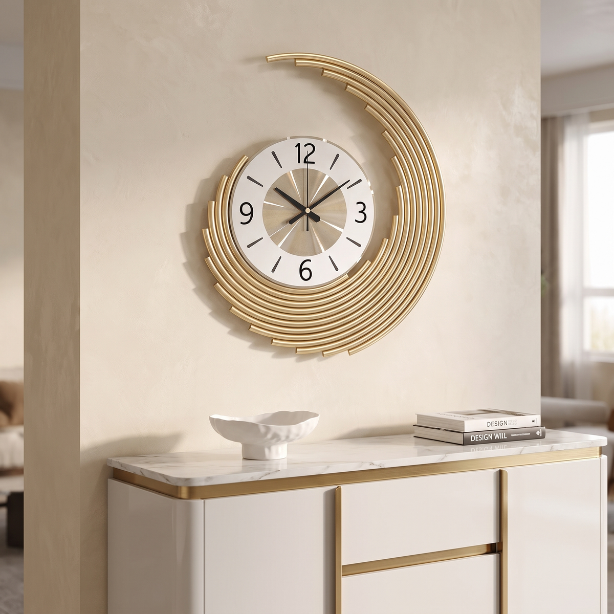 Modern 3D Metal Crescent Wall Clock 46 cm in a modern luxury interior