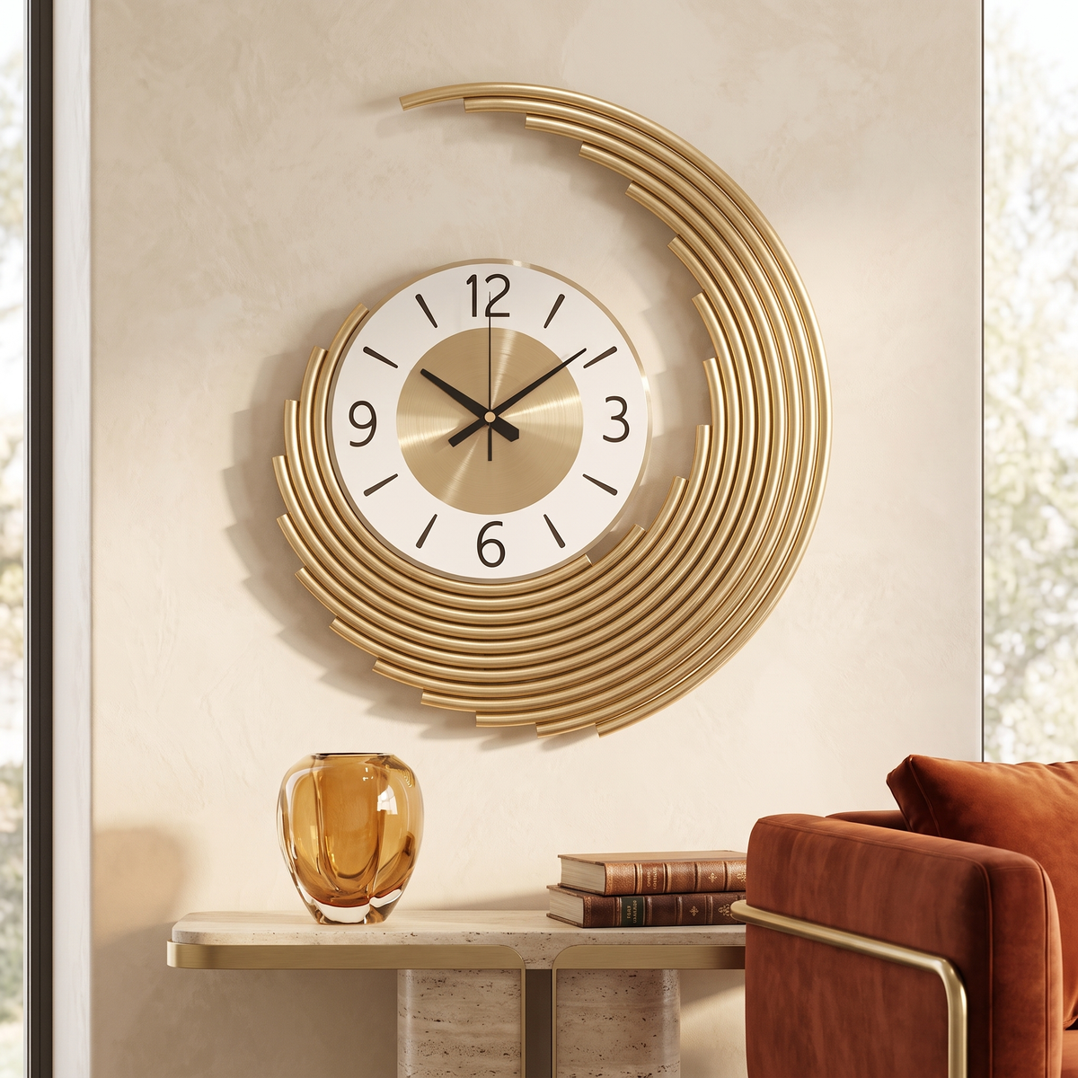 Modern 3D Metal Crescent Wall Clock 58 cm in a modern luxury living room
